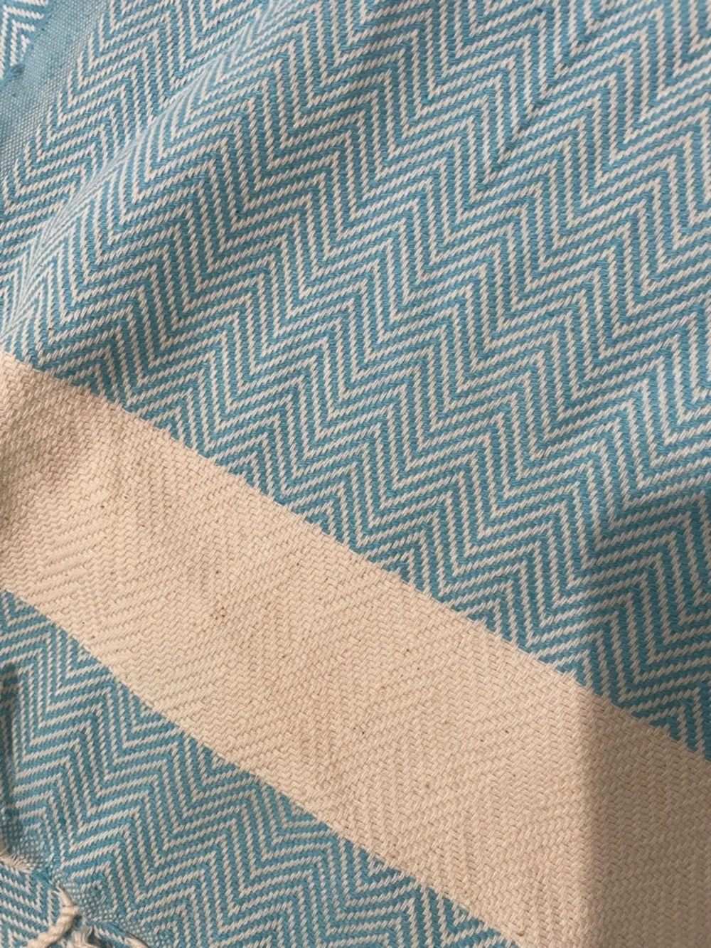 Light Blue and Cream Oversized Turkish-Style Fringe Beach Blanket 100% Cotton